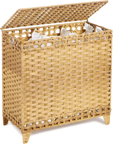 Cesta para ropa sucia con 3 bolsas de forro extraíbles; cesta de lavandería de ratán tejida a mano de 132L con tapa y pies elevados; cesta de ropa