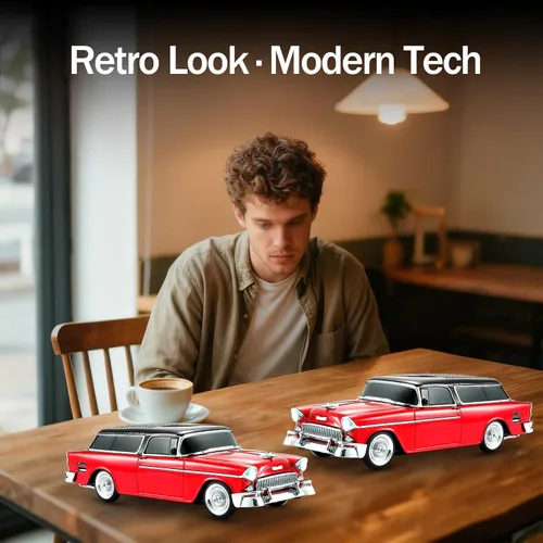 Miniatura 6 de Altavoz Bluetooth retro clásico modelo de automóvil con luz ambiental LED, emparejamiento estéreo TWS, ruedas móviles, sonido HD, altavoz Rojo