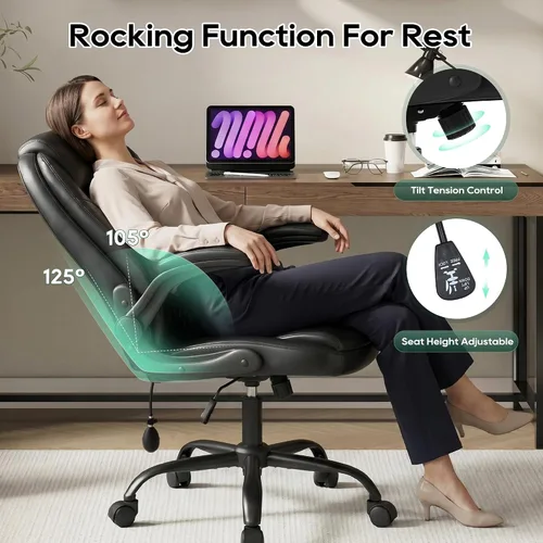 Miniatura 10 de MALOL Silla de oficina de cuero, silla de escritorio para computadora con soporte lumbar ajustable, cojín grueso, brazos abatibles y respaldo Negro