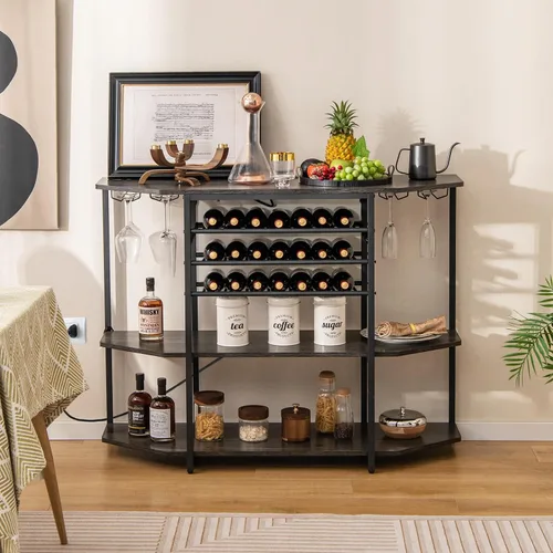Miniatura 8 de COSTWAY Armario para bar de vinos, gabinete de licor de 3 niveles con tomas de corriente, estantes para botellas de vino, soportes de vidrio, Gris