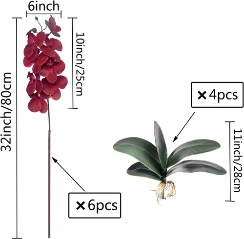 Miniatura 2 de FagusHome Phalaenopsis - 6 piezas de flores artificiales de orquídea con 4 paquetes de hojas, plantas con tallo para decoración del hogar (rojo)