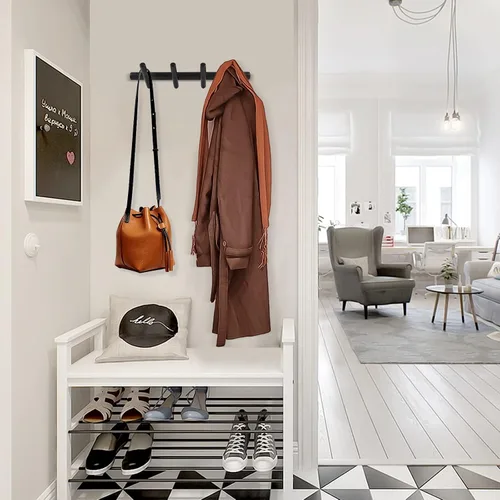 Miniatura 4 de KYSMOTIC Perchero de Pared Moderno de Madera - Montado en la Pared - Negro con 4 Ganchos de Madera - Para Colgar Ropa, Batas, Toallas, Sombreros