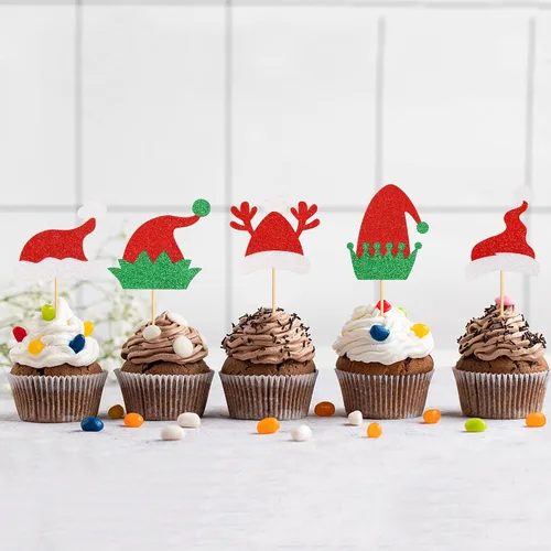 Miniatura 3 de Ercadio Paquete de 25 adornos para cupcakes de Papá Noel y elfo - Sombreros de Papá Noel con purpurina, sombreros de elfo, palillos para cupcakes