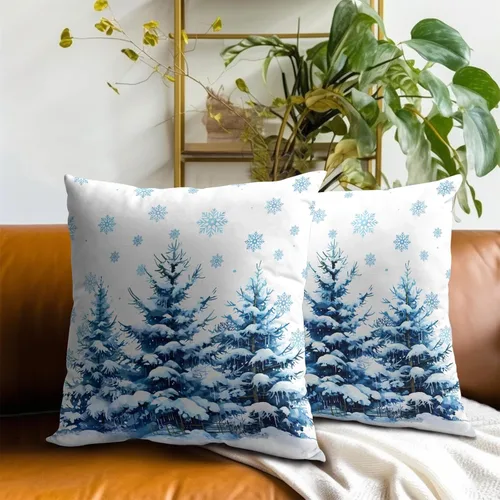 Miniatura 7 de Juego de 2 Fundas de Almohada Bosque Nevado, Copos de Nieve Azules Pinos Cuadradas Funda Decorativa de Cojín Algodón Suave Blanco 18x18 Pulgadas