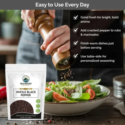 Miniatura 4 de Sea Mount Naturals Tellicherry - Granos de pimienta negra, 12 onzas (11.99 oz) Pimienta negra entera natural para molinillos Kosher, sin OMG