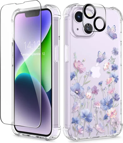 Miniatura 37 de GVIEWIN - Funda floral para iPhone 14 de 6.1 pulgadas, protector de pantalla + protector de lente de cámara, no se amarillenta, a prueba de golpes