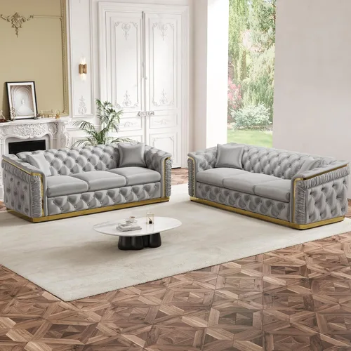 Miniatura 3 de Juego de 2 sofás Chesterfield de lujo, sofá victoriano copetudo negro y dorado, moderno de mediados de siglo, juego de sofás de 3 plazas para sala