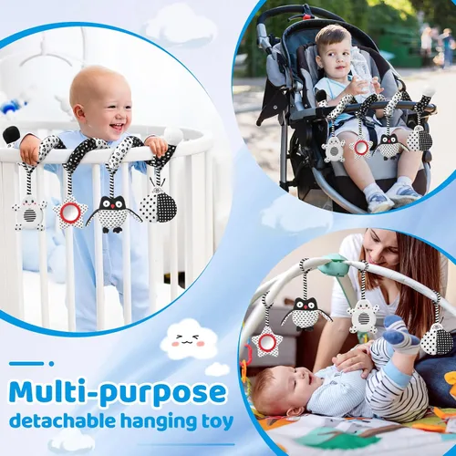 Miniatura 6 de Juguetes para bebés de alto contraste, juguetes colgantes en blanco y negro para asiento de automóvil, cochecito y cuna, esenciales para recién Búho
