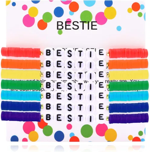 Miniatura 12 de Juego de pulseras heishi arcoíris estilo surfista para mujer, juego de pulseras apilables de cuentas de arcilla, pulseras elásticas con disco