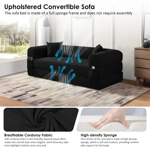 Miniatura 6 de Sofá cama convertible de 80 pulgadas, sofá cama plegable de pana con almohadas, sofá de compresión moderno sin hueso sin montaje, sofá de compresión