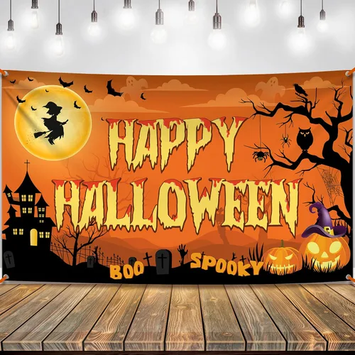 KatchOn Pancarta espeluznante de Feliz Halloween, extragrande, 72 x 44 pulgadas, telón de fondo naranja de fotos de Halloween para decoraciones y