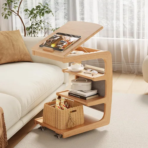 AQIMUELE Mesa auxiliar de madera en forma de C, escritorio de sofá con 2 ruedas con cerradura, mesa de sofá de 4 niveles con bolsa de Natural