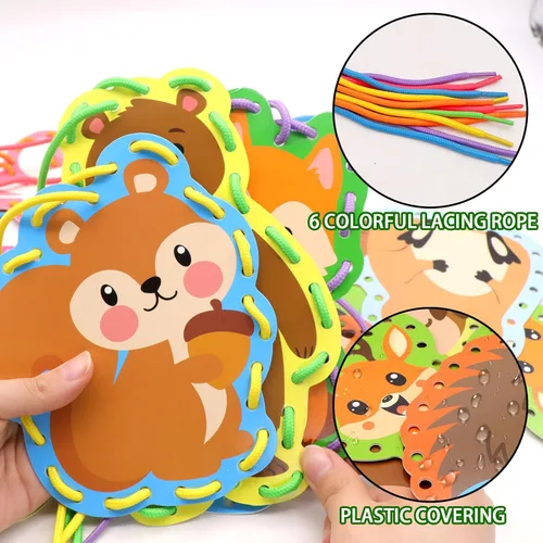 Miniatura 5 de Omlisca Tarjetas con cordones de animales del bosque para niños, paquete de 12 tarjetas de costura de animales del bosque, búho, zorro, oso, bosque