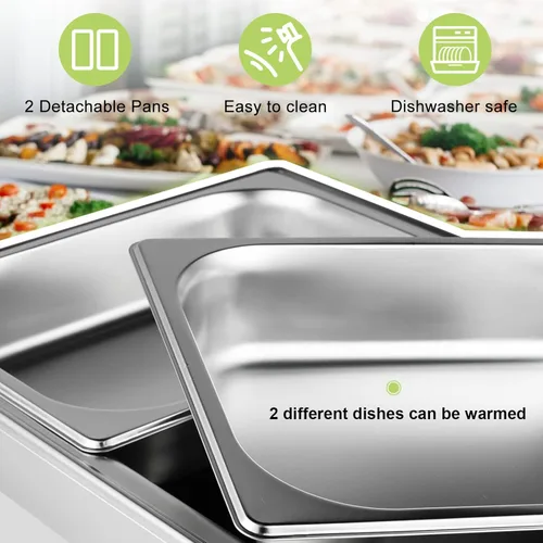 Miniatura 2 de Juego de 2 sartenes eléctricas, platos de cocina con tapa enrollable, bandeja de calentamiento de temperatura, calentador de alimentos de acero