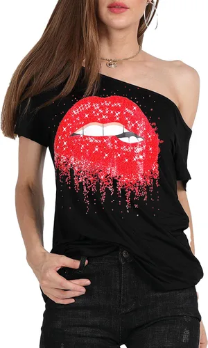 Miniatura 84 de MAGICMK - Camiseta casual para mujer, con estampado de labios y hombro descubierto, talla extragrande