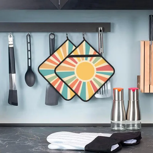 Miniatura 5 de Agarraderas bohemias para cocina, soportes retro de los años 70 con bolsillos, almohadillas calientes cuadradas para cocina, cocina, hornear, Boho
