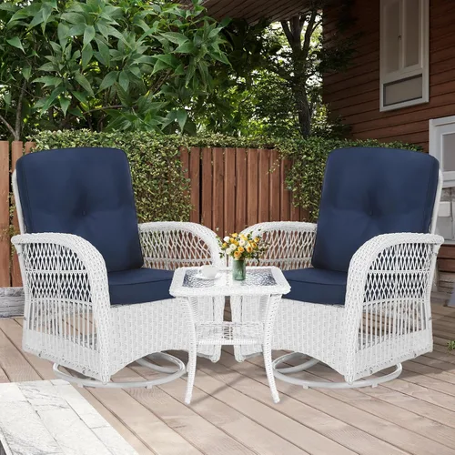 Miniatura 56 de MEETWARM Juego de 3 piezas de mimbre giratorio para patio al aire libre, mecedoras, juegos de muebles de patio de ratán con cojín grueso y mesa