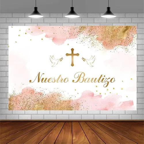 Miniatura 3 de AIBIIN Telón de fondo Mi Bautizo de 7 x 5 pies para Nuestro Bautizo Baby Bautizo Bautizo Fotografía Fondo Rosa Acuarela Nubes Doradas Cruz Paz