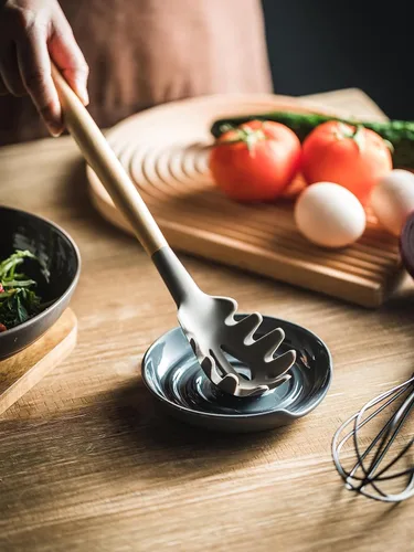 Miniatura 4 de Soporte para cuchara, soporte para cuchara con bandeja profunda para evitar derrames de salsa, soporte para utensilios para espátula, cuchara de Gris