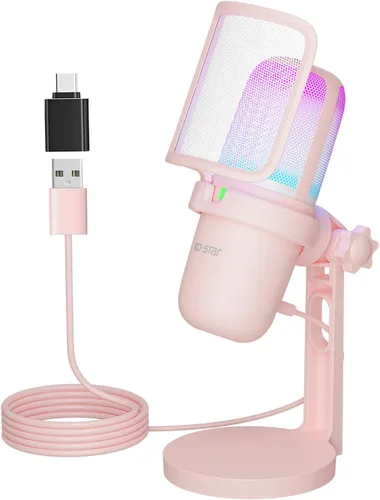 Miniatura 7 de Micrófono USB para juegos de transmisión, micrófono de escritorio de condensador de PC para video, uso doméstico, YouTube, con control RGB, perilla