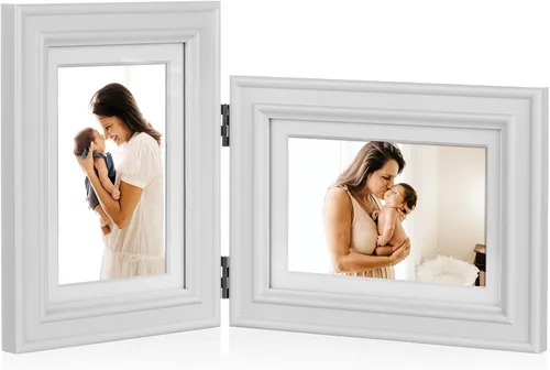 Miniatura 12 de Marco de fotos doble horizontal con bisagras plegable de 4 x 6 pulgadas en madera de pino negro con vidrio real para mesa X3-HEI-2H46