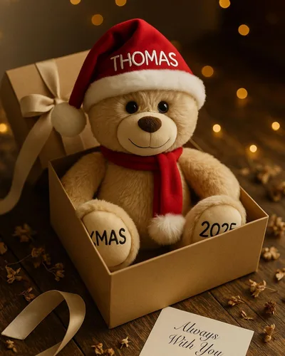 Miniatura 4 de Oso de Navidad Personalizado 2025 – Osito de Peluche Beige Personalizado de 8.5 pulgadas con Sombrero y Bufanda – Lindo Oso Navideño con Tu Nombre