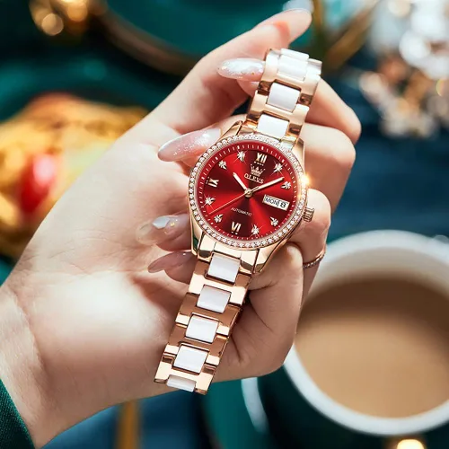Miniatura 4 de OLEVS Relojes de oro rosa para mujer correa de acero inoxidable de cerámica reloj mecánico automático calendario de puntero luminoso impermeable