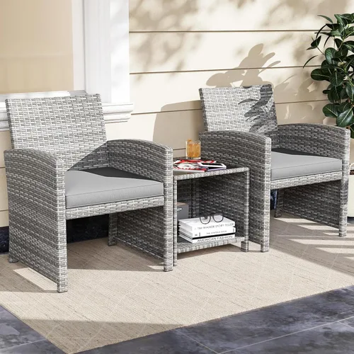 Miniatura 2 de KOTEK Juego de muebles de patio de 3 piezas, sillas de patio de mimbre para exteriores con cojines y mesa de almacenamiento, juego de bistró