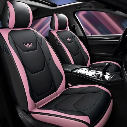 Miniatura 2 de Juego completo de fundas de asiento de coche de piel sintética de lujo para 5 asientos, ajuste universal (BK-rosa)