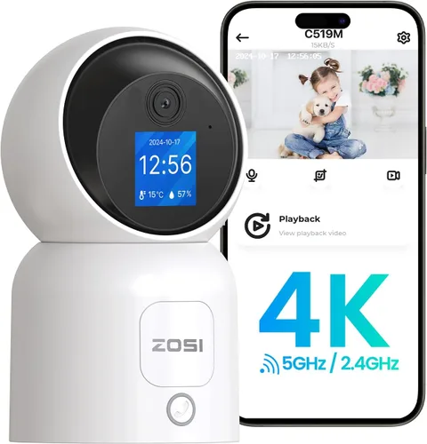 ZOSI Cámara de seguridad inteligente 4K Pan/Tilt para interiores, cámara WiFi de 2.4/5 GHz, video de 2 vías, seguimiento de movimiento, monitor de 8
