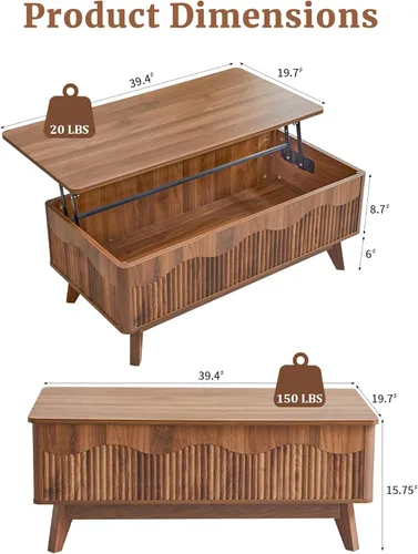 Miniatura 3 de BERRYMERRY Mesa de centro elevable con almacenamiento oculto, mesa de centro acanalada de granja con perfil ondulado, mesa central rectangular