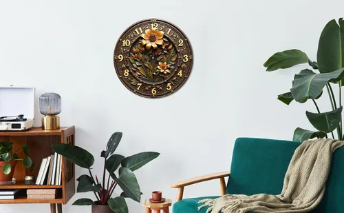 Miniatura 6 de Reloj de pared de madera de flor ornamentada de bronce con detalle grabado en relieve 9.8x9.8 in