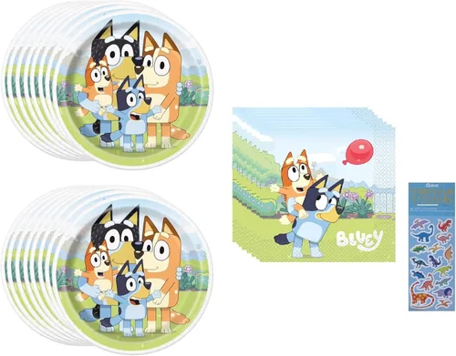 El paquete de suministros para fiesta de cumpleaños de Bluey incluye platos de papel para el almuerzo y servilletas de papel para el almuerzo