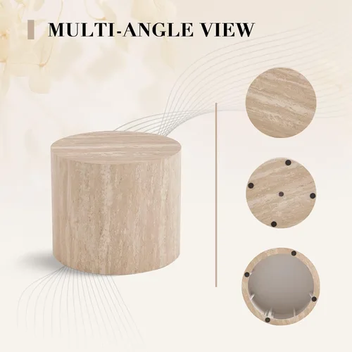 Miniatura 6 de CIMOTA Juego de 2 mesas auxiliares redondas de madera, modernas mesas auxiliares circulares de travertino para sala de estar, color madera clara/sin
