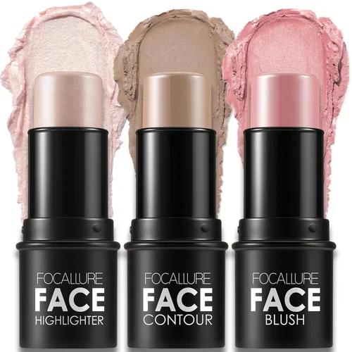 Miniatura 11 de FOCALLURE 3 barras de contorno en crema, tonos con iluminador y bronceador y rubor, lápiz de contorno facial de larga duración no graso, fácil
