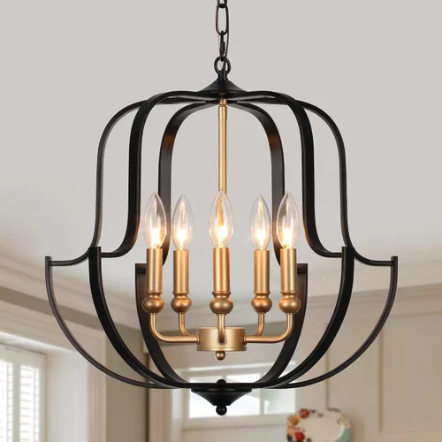 Lámpara de araña negra y dorada de 19" para comedor, lámparas de araña rústicas de granja de 5 luces, luz colgante industrial moderna para cocina,