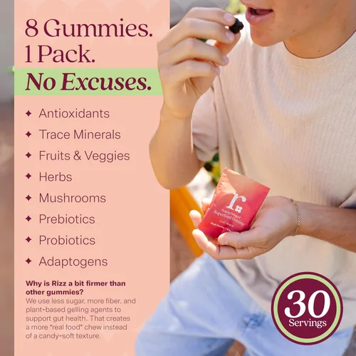 Miniatura 5 de Rizz Gomitas Verdes Bajas en Azúcar - Más de 60 Superalimentos 6g de Fibra - Gomitas Prebióticas y Probióticas - Multivitaminas Veganas para Mujeres