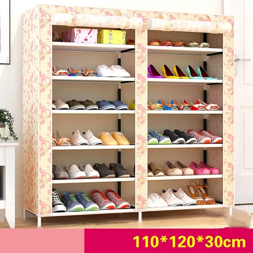 Miniatura 4 de Zapatero de 2 filas de metal, cubierta de tela multicapa a prueba de polvo, organizador de almacenamiento para dormitorio, sala de estar, puerta