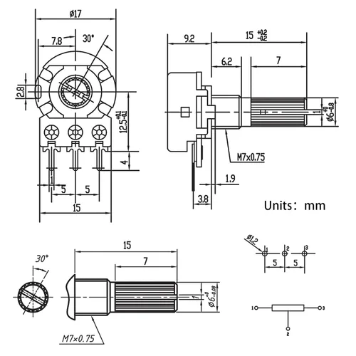 Miniatura 4 de WH148 Kit de potenciómetro 1K 2K 5K 10K 20K 50K 100K 250K 500K 1MK Ohm 0.591 in Eje Potenciómetros lineales de una sola articulación Juego de 3