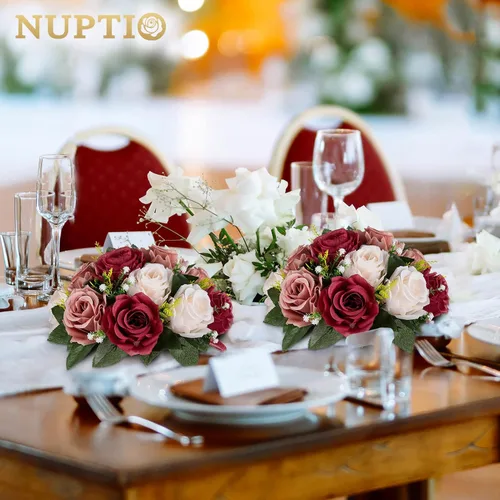 Miniatura 2 de NUPTIO Centros de mesa de flores artificiales para mesas, 10 unidades, color borgoña, rosa polvorienta y blanco cremoso, bolas de rosas falsas