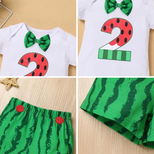 Miniatura 6 de Conjunto de 4 piezas de 3 piezas para bebé, diseño de sandía, para el primer cumpleaños, para tarta, de manga corta, pañales, con tirantes