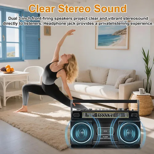 Miniatura 3 de Reproductor de casete Boombox con Bluetooth, radio AM/FM/SW y grabación a USB, sonido estéreo de 24 W, 4 modos de alimentación, estéreo retro