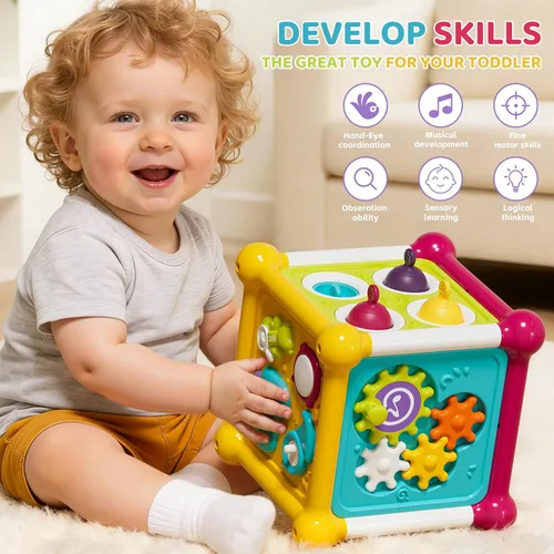 Miniatura 3 de Cubo de Actividades para Bebés, Juguetes de Cubo para Bebés de 6-12 Meses, Tablero Ocupado Musical para Niños Pequeños con 4 Bloques de Formas
