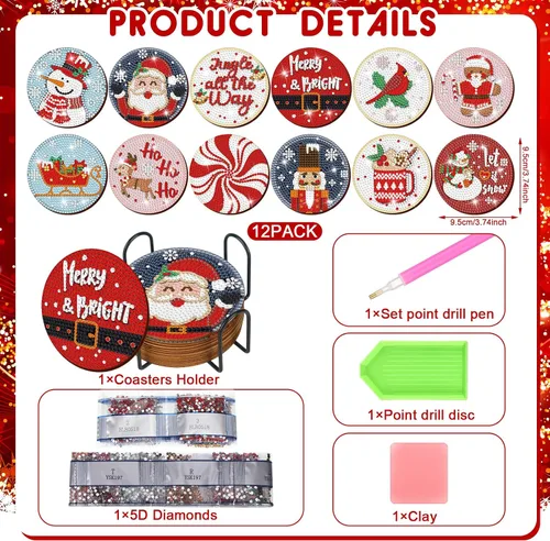Miniatura 2 de 12 Piezas Kits de Posavasos de Pintura de Diamantes de Navidad con Soporte Arte de Diamantes Posavasos de Navidad para Adultos Suministros de Arte