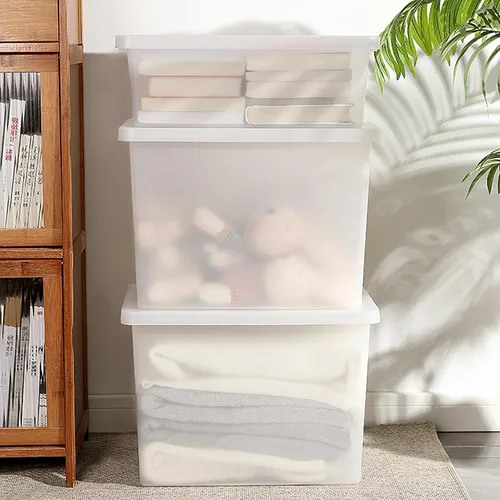Miniatura 3 de Paquete de 4 cajas apilables de plástico de 25 litros con tapas, contenedor para organizar zapatos y manualidades en estantes de armario, garaje