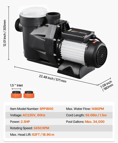 Miniatura 7 de VEVOR Bomba de piscina sobre el suelo, 2.5 HP, 148 GPM Max Flow Bomba de piscina de una sola velocidad, 220 V, 3450 RPM, elevación máxima de cabeza