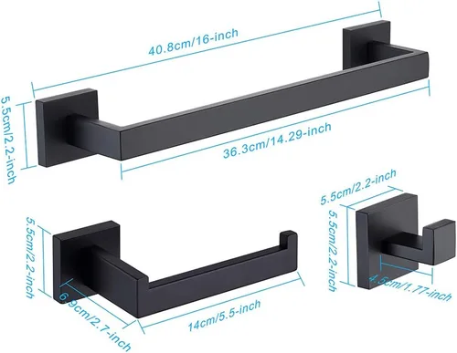 Miniatura 6 de TASTOS Juego de accesorios de baño de 3 piezas, color negro mate, montaje en pared, de acero inoxidable, soporte para papel higiénico, toallero