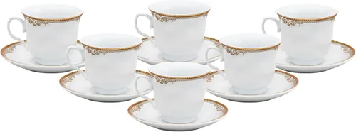 Juego de té de porcelana, 12 piezas, elegante diseño floral blanco con borde dorado – Platillos de 5.5 pulgadas, tazas de 6.5 onzas – para fiestas