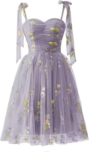 Miniatura 9 de Fivsole Vestido corto con bordado de flores para adolescentes, vestido de tul con tirantes delgados, mini formal, cóctel, fiesta de noche, vestidos