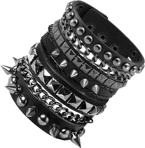 Miniatura 2 de Eigso Pulseras de cuero punk rock para hombres y mujeres, estilo retro, vintage, cadena de los años 80, para hombre y mujer